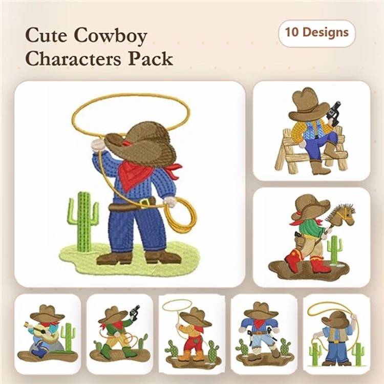 Cute Cowboy Characters Embroidery Bundle – Cowboy with Lasso, Cowgirl with Horse, Sitting Cowboy & More (10 Designs)
