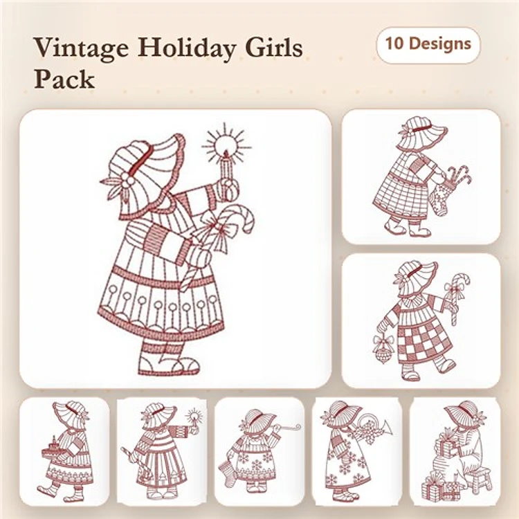Redwork Holiday Girls Embroidery Designs Bundle – Girl with Candle, Girl with Candy Cane, Girl with Present & More (10 Designs)