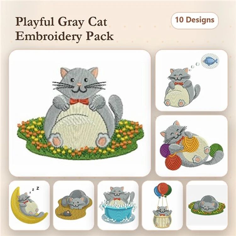 Gray Cat Embroidery Bundle – Bowtie, Moon Nap, Balloons & More (10 Designs)