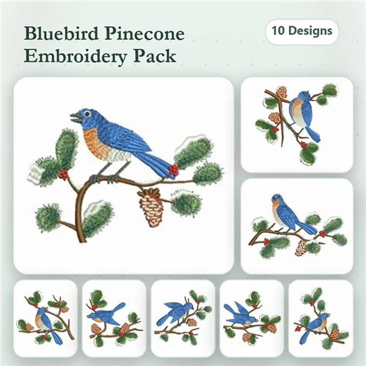 Bluebird and Pinecone Embroidery Designs Bundle – Bluebird on Pine Branch, Two Bluebirds on Branch & More (10 Designs)