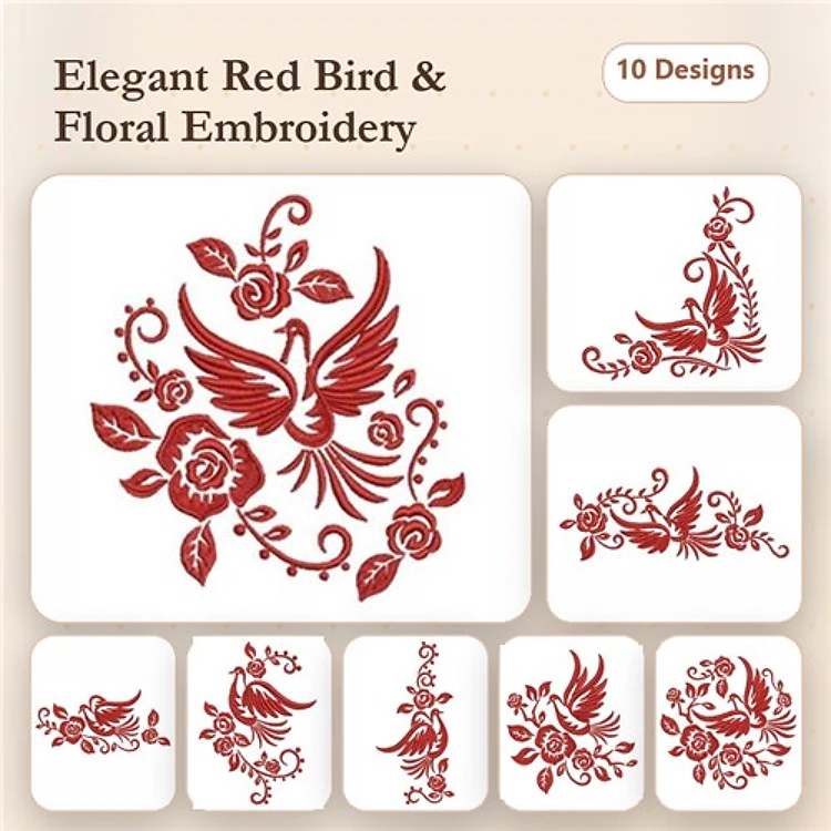 Redwork Floral Embroidery Bundle – Elegant Red Bird with Roses, Red Bird Sitting, Red Bird in Floral Frame & More (10 Designs)