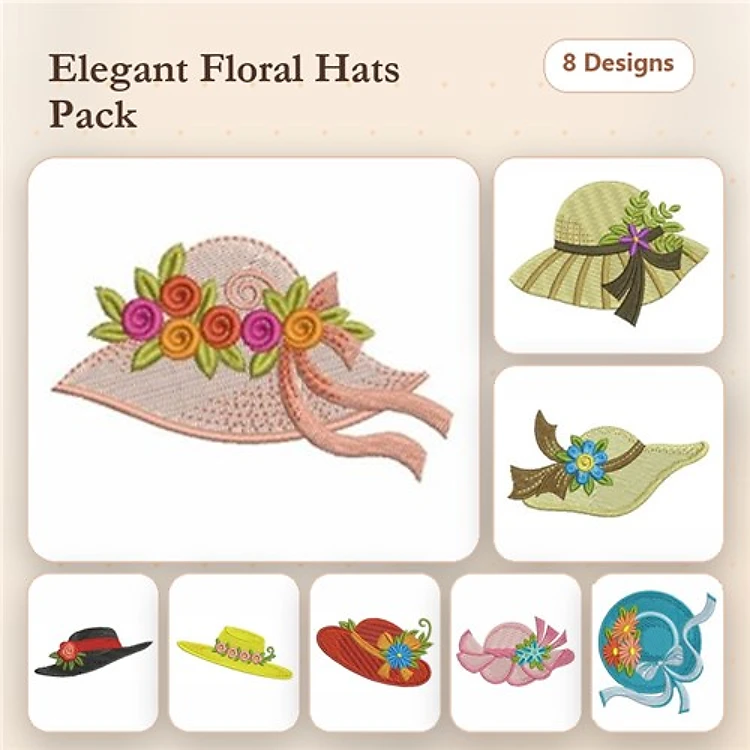 Floral Hats Embroidery Designs Bundle – Floral Wide Brim Hat, Red Flower Hat, Yellow Cloche Hat & More (8 Designs)