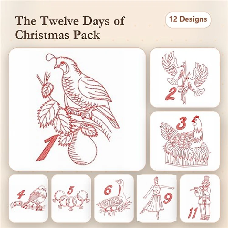 Redwork The Twelve Days of Christmas Embroidery Designs Bundle – Partridge in a Pear Tree, Two Turtle Doves, Three French Hens & More (12 Designs)