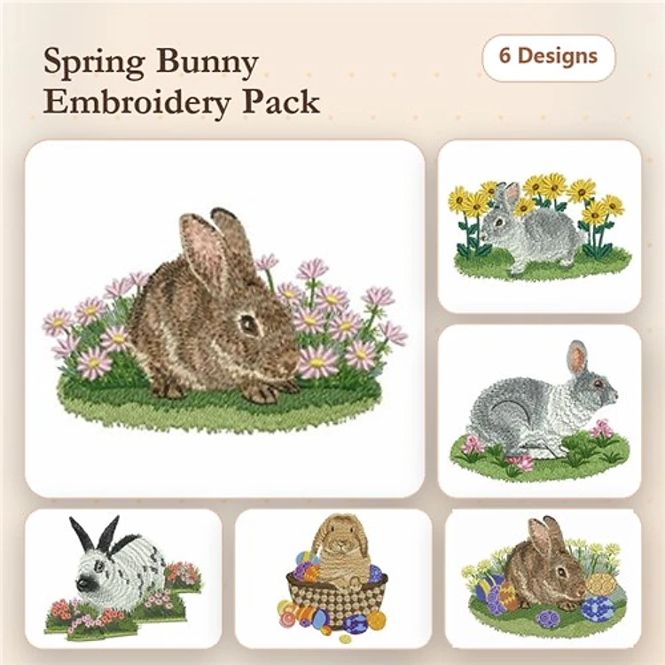 Spring Bunnies Embroidery Bundle – Brown Bunny with Flowers, Gray Bunny with Flowers, White Bunny with Basket & More (6 Designs)