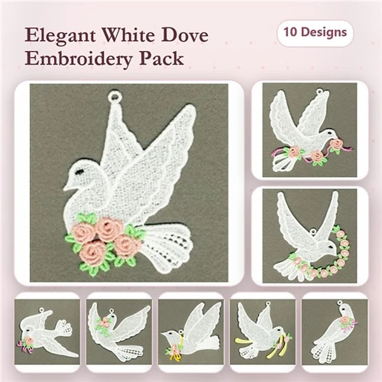 FSL Elegant White Doves Embroidery Designs Bundle – White Dove with Roses, Dove in Flight, Decorative Dove & More (10 Designs)