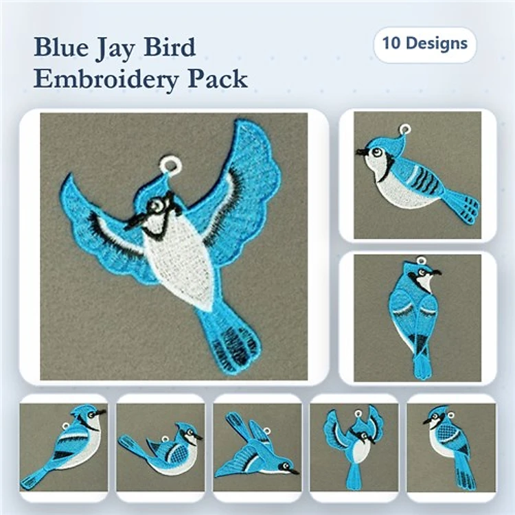 FSL Blue Jay Bird Embroidery Bundle – Flying, Perched, Open Wings & More (10 Designs)