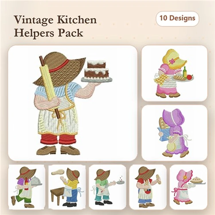 Baker & Gardener Embroidery Designs Bundle – Baker with Rolling Pin, Gardener with Apple & More (10 Designs)