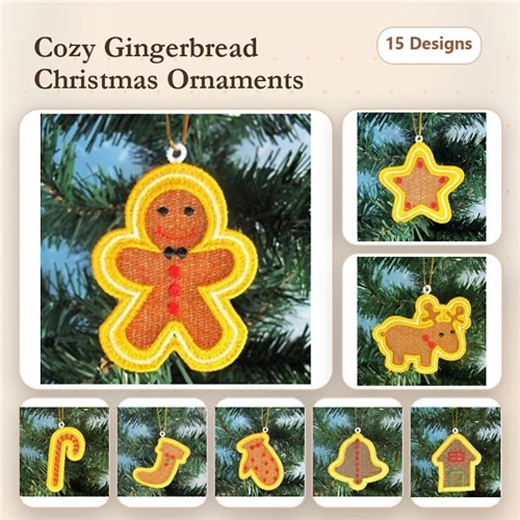 FSL Gingerbread Christmas Ornaments Embroidery Designs Bundle – Gingerbread Man, Star, Reindeer & More (15 Designs)