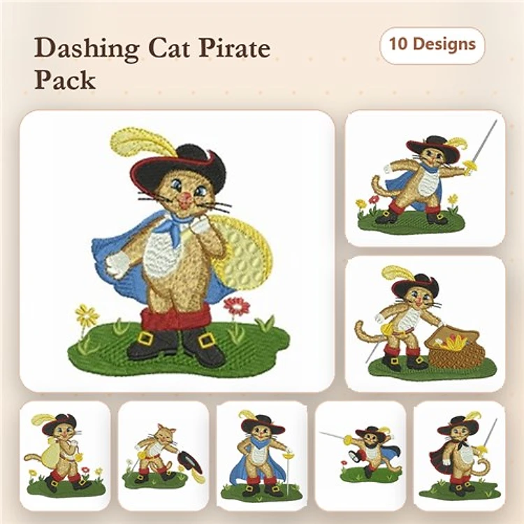 Dashing Cat Pirate Embroidery Bundle – Pirate with Sword, Treasure Chest, Map & More (10 Designs)