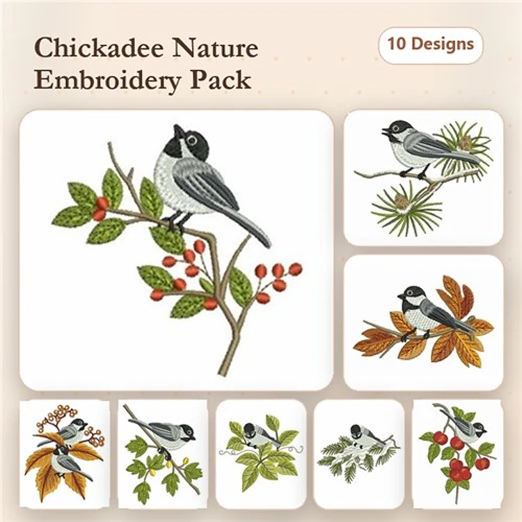 Chickadee Birds Embroidery Designs Bundle – Chickadee on Branch with Berries, Chickadee on Autumn Leaves, & More (10 Designs)