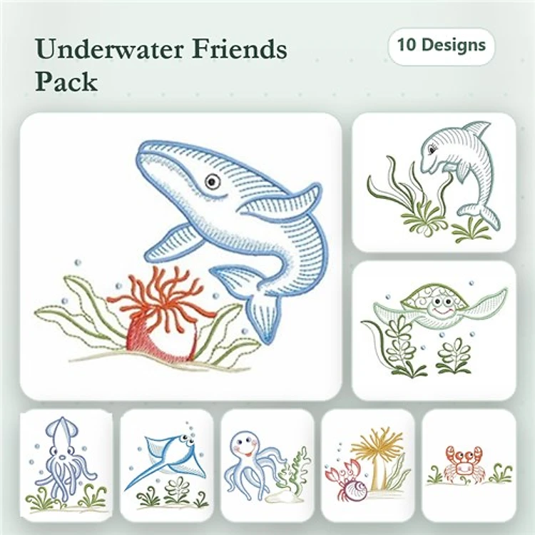 Redwork Underwater Animals Embroidery Bundle – Shark, Turtle, Octopus & More (10 Designs)