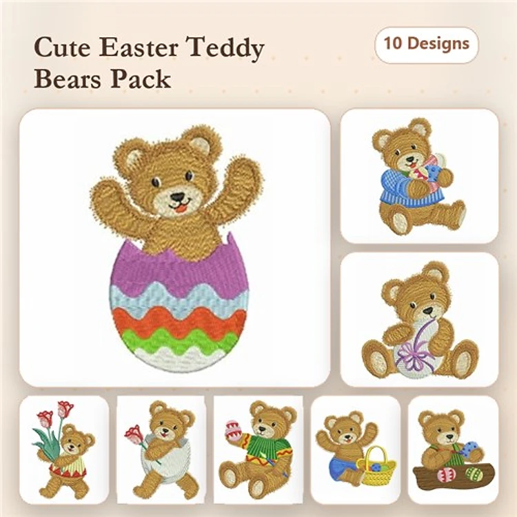 Easter Teddy Bears Embroidery Designs Bundle – Teddy Bear in Egg, Bear with Flowers, Bear with Basket & More (10 Designs)