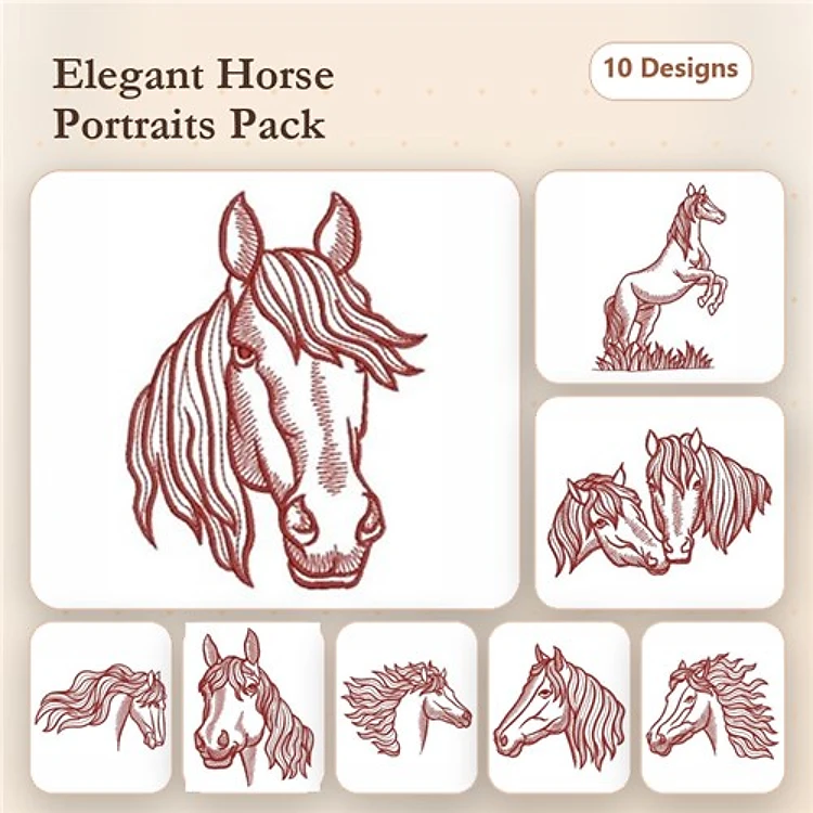 Redwork Horse Portraits Embroidery Designs Bundle – Horse Head, Running Horse, Elegant Horse & More (10 Designs)