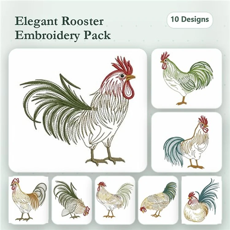 Elegant Roosters Embroidery Designs Bundle – Rooster with Green Feathers, Standing Rooster, Chubby Rooster & More (10 Designs)