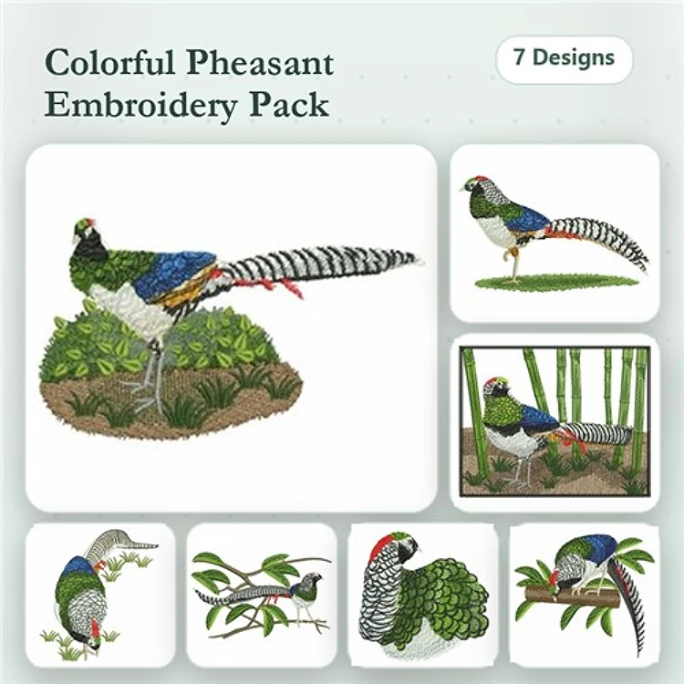 Colorful Pheasants Embroidery Designs Bundle – Pheasant on Greenery, Pheasant with Long Tail, & More (7 Designs)