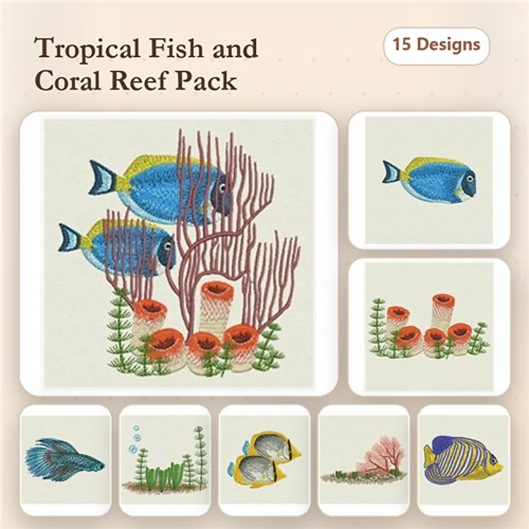 Tropical Fish and Coral Reef Embroidery Bundle – Blue Tang Fish, Angelfish, Clownfish & More (15 Designs)
