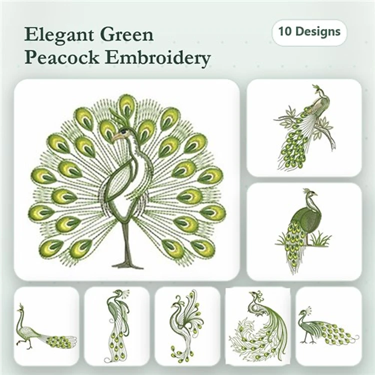 Elegant Green Peacock Embroidery Bundle – Peacock with Tail Spread, Elegant Peacock, Peacock Profile & More (10 Designs)