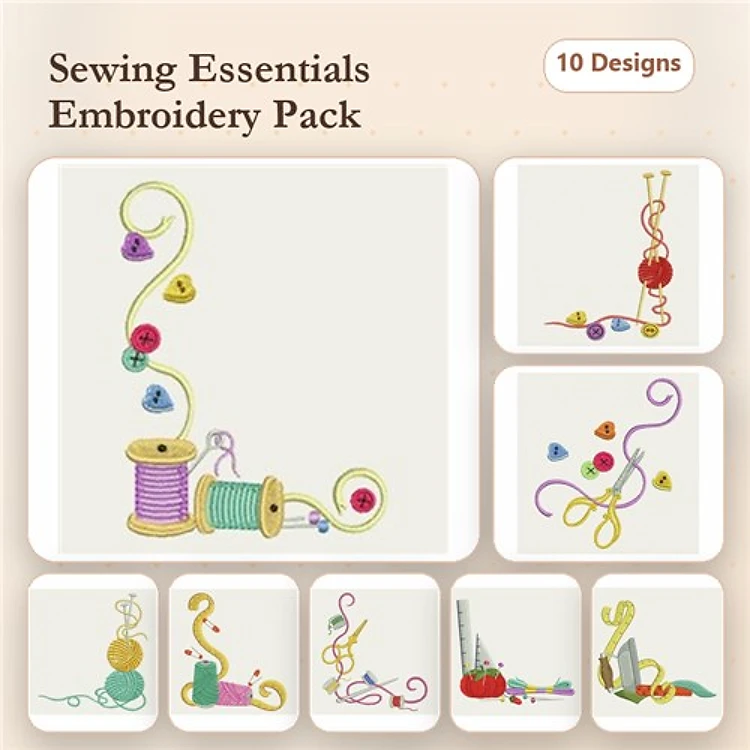Sewing Essentials Embroidery Designs Bundle – Spool of Thread, Sewing Needle, Scissors & More (10 Designs)