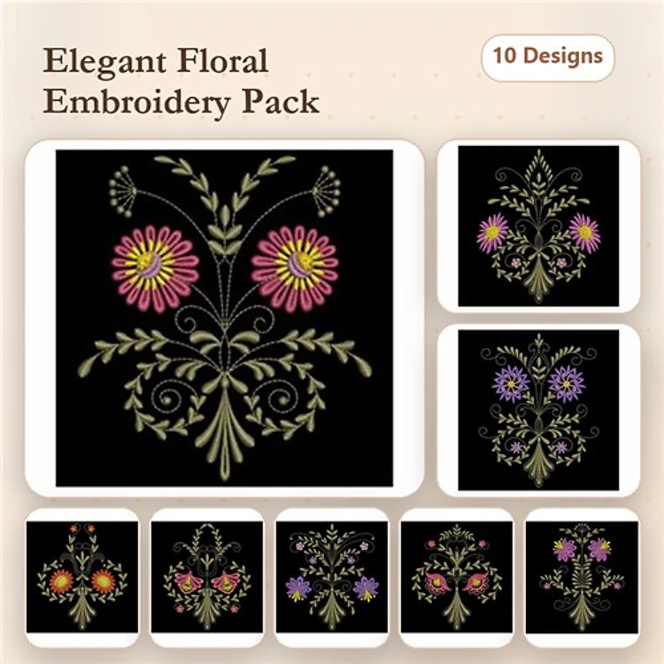 Floral Embroidery Designs Bundle – Floral Aster, Floral Daisy, Floral Bouquet & More (10 Designs)
