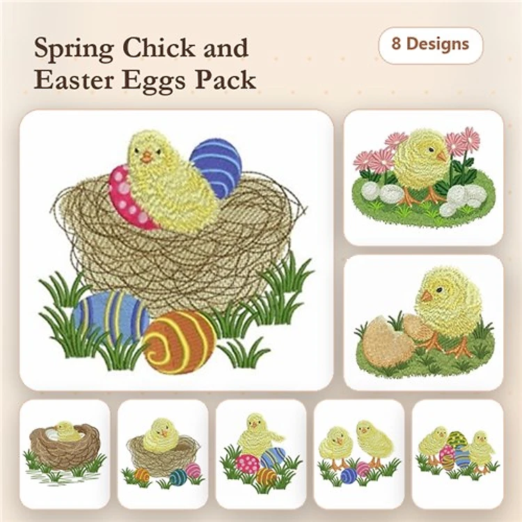 Spring Chicks & Easter Eggs Embroidery Designs Bundle – Chick in Nest with Eggs, Chick Hatching from Egg, & More (8 Designs)