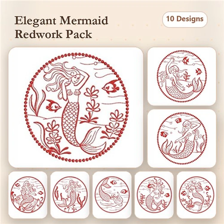 Redwork Mermaid Embroidery Designs Bundle – Mermaid with Flowers, Mermaid with Fish, & More (10 Designs)