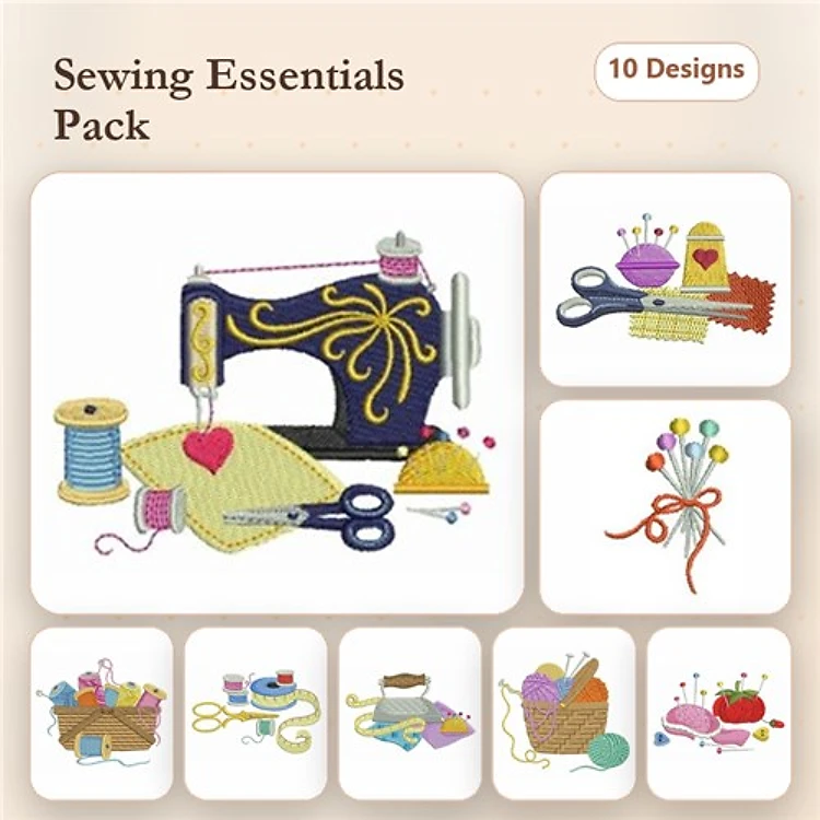 Sewing Essentials Embroidery Bundle – Sewing Machine, Scissors, Sewing Basket & More (10 Designs)