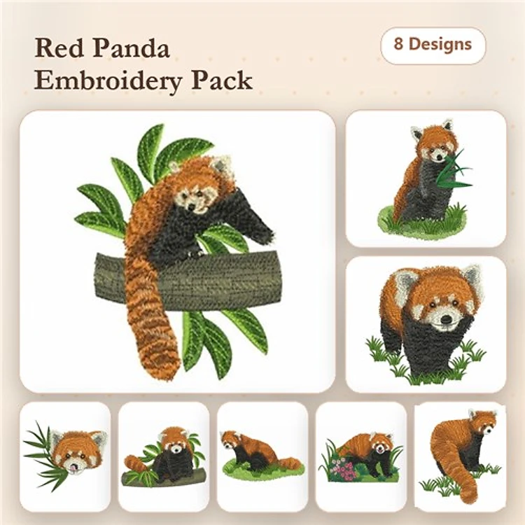 Red Panda Embroidery Designs Bundle – Red Panda Sitting on Log, Red Panda Holding Bamboo, & More (8 Designs)