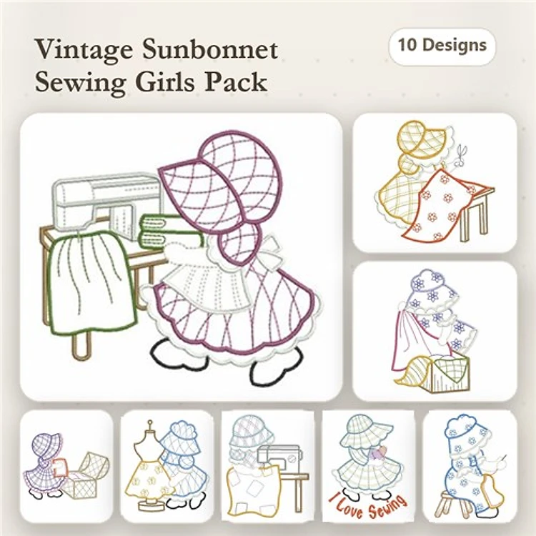 Redwork Vintage Sewing Girls Embroidery Designs Bundle – Sewing Girl at Machine, Sewing Girl with Dress, Sewing Girl with Bag & More (10 Designs)
