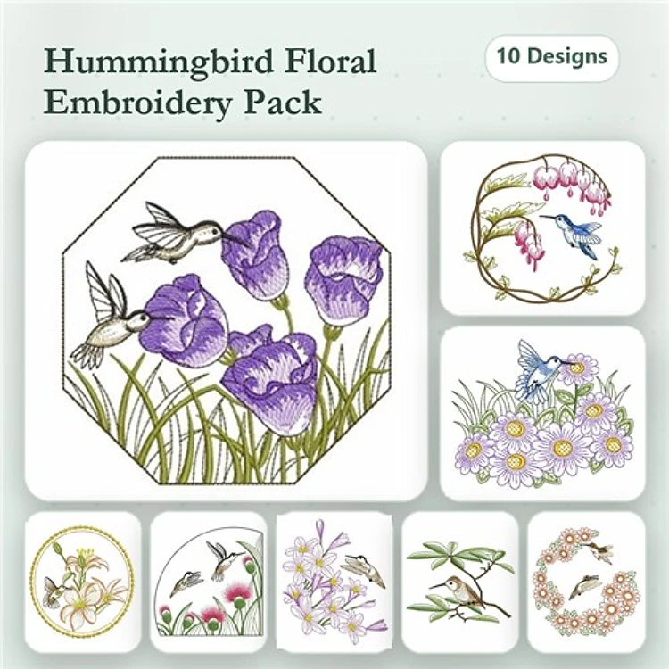 Hummingbirds & Floral Embroidery Designs Bundle – Hummingbird and Purple Flowers, Cherry Blossom and Hummingbird & More (10 Designs)