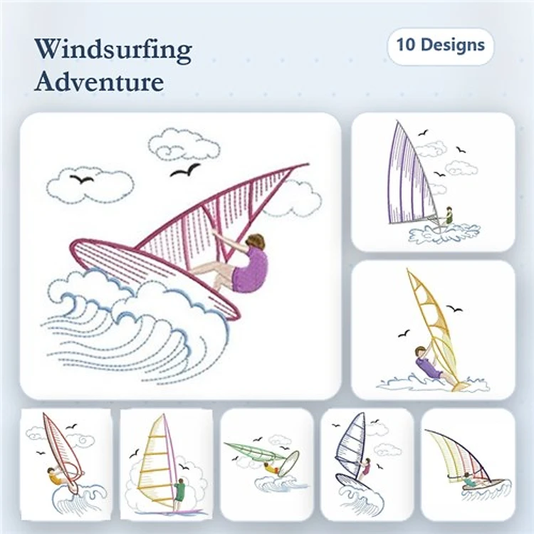 Windsurfing Adventure Embroidery Designs Bundle – Windsurfing Sailor in Purple, Wind Surfer with Clouds & More (10 Designs)