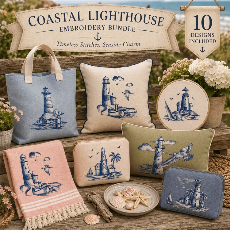 Coastal Lighthouse Embroidery Designs Bundle – Lighthouse with Sailboat, Seagulls and Lighthouse, & More (10 Designs)