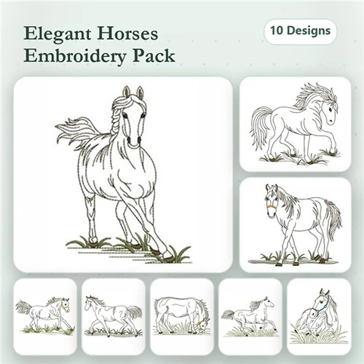 Redwork Elegant Horse Embroidery Bundle – Galloping Horse, Horse in Grass, Standing Horse & More (10 Designs)