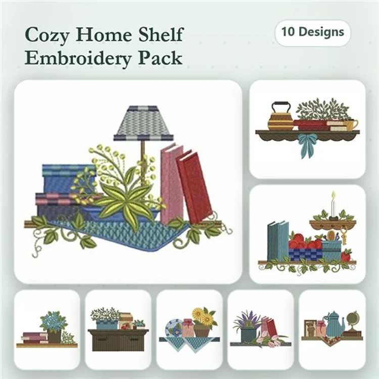 Cozy Home Decor Embroidery Designs Bundle – Books with Lamp, Flower Arrangement on Shelf, & More (10 Designs)