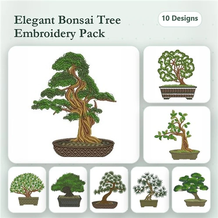 Bonsai Trees Embroidery Designs Bundle – Elegant Bonsai Tree, Flowering Bonsai Tree, Willow Bonsai Tree & More (10 Designs)