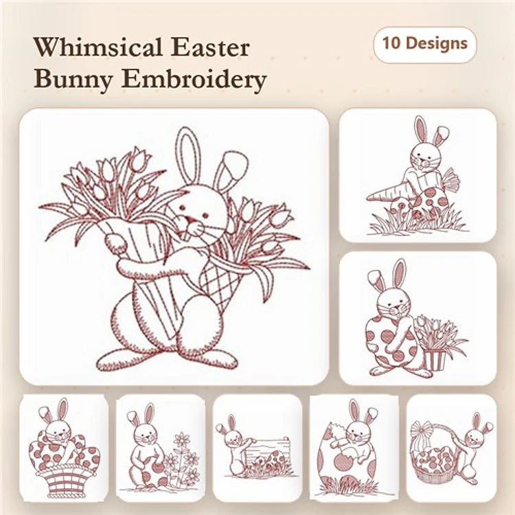 Redwork Whimsical Easter Bunny Embroidery Designs Bundle – Bunny with Tulips, Bunny with Basket, Bunny with Egg & More (10 Designs)