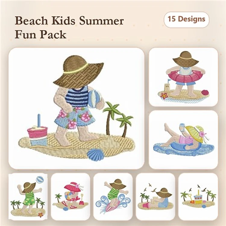 Beach Kids Summer Fun Embroidery Designs Bundle – Boy on Surfboard, Girl with Beach Ball, Child with Sandcastle & More (15 Designs)