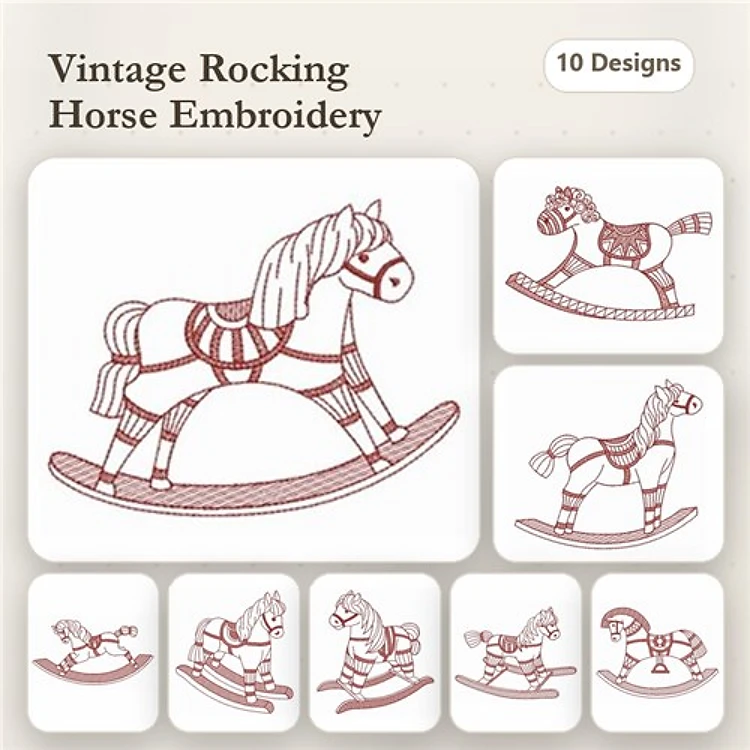 Redwork Vintage Rocking Horse Embroidery Bundle – Rocking Horse with Stripes, Saddle, Flowers & More (10 Designs)