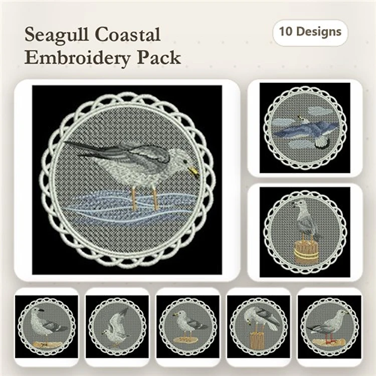 FSL Seagull Coastal Embroidery Designs Bundle – Seagull on Water, Seagull at Sunset, & More (10 Designs)