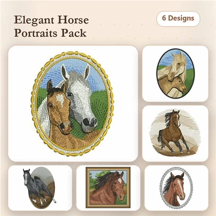 Horse Portraits Embroidery Bundle – Horse Portrait with Foal, Gray Horse Portrait, Chestnut Horse Head & More (6 Designs)