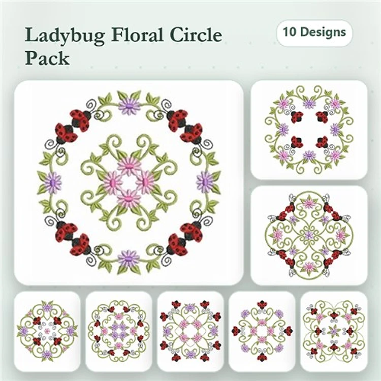 Ladybug & Floral Embroidery Bundle – Circle Designs with Swirls & More (10 Designs)