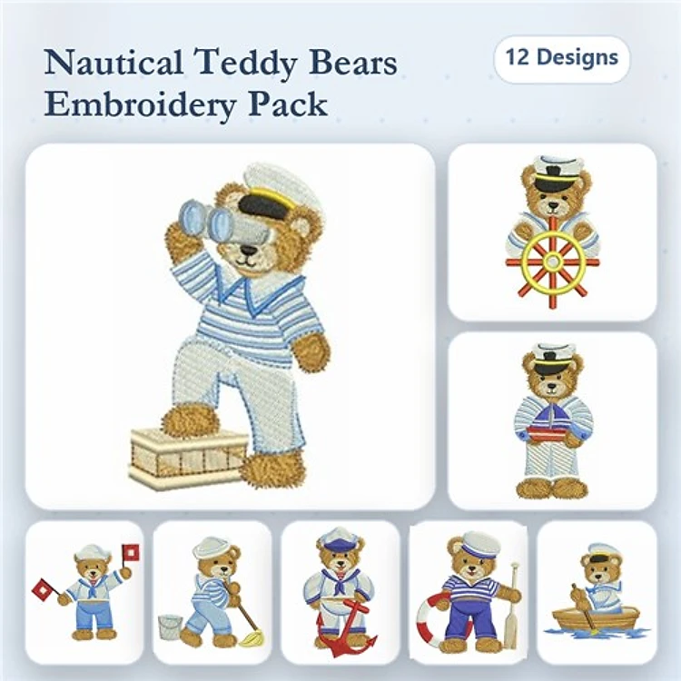 Nautical Teddy Bears Embroidery Designs Bundle – Teddy Bear with Binoculars, Sailing Bear, Life Preserver & More (12 Designs)