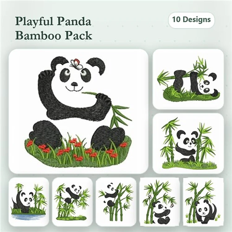 Panda Embroidery Designs Bundle – Panda with Bamboo, Panda Holding Bamboo, Panda Peeking & More (10 Designs)