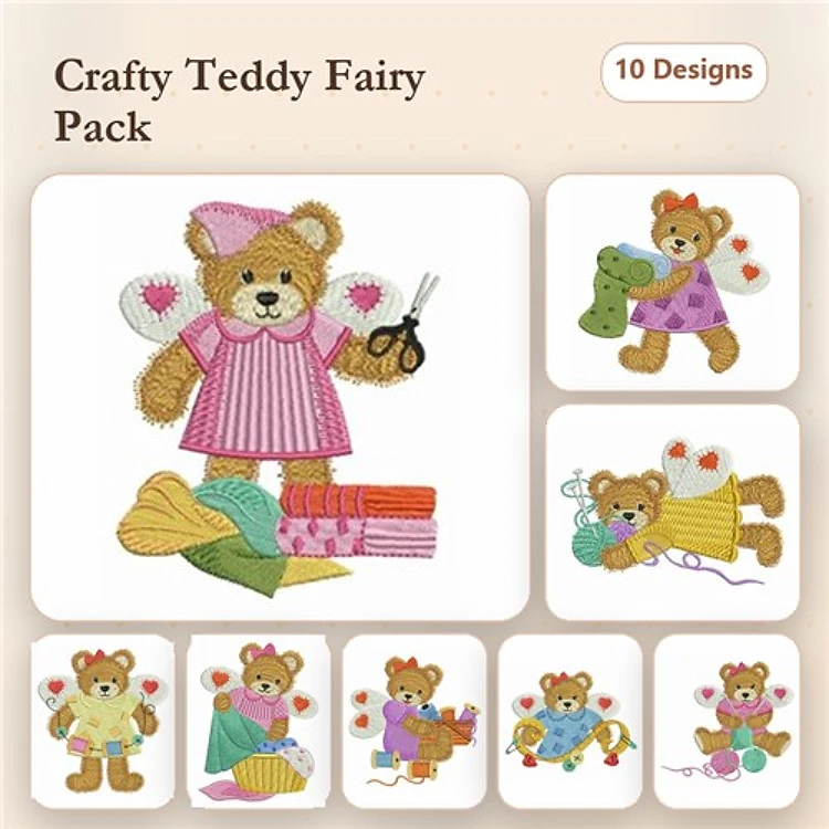 Crafty Teddy Bears Embroidery Designs Bundle – Teddy Bear with Scissors, Teddy Bear with Yarn, Teddy Bear Sewing & More (10 Designs)