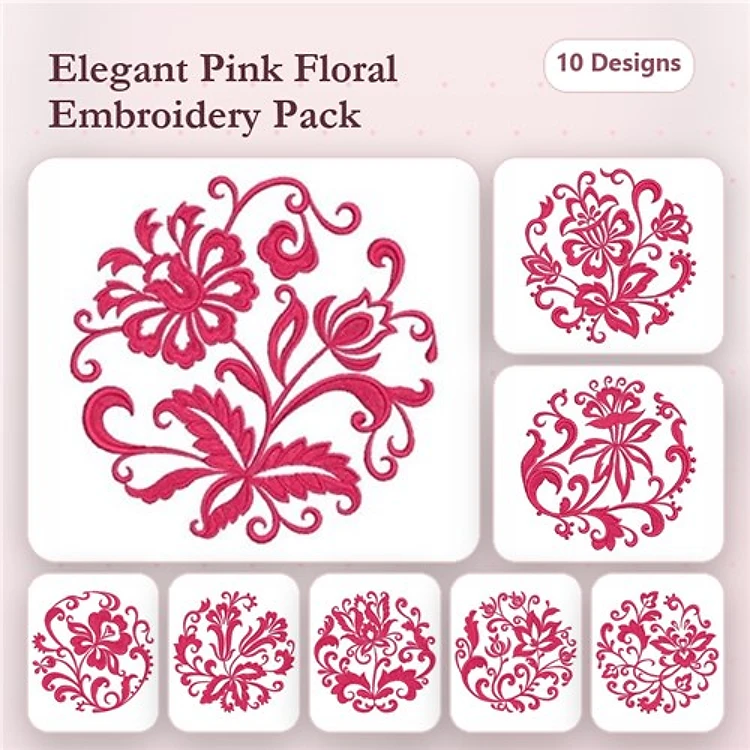 Elegant Pink Floral Embroidery Bundle – Floral Design with Swirls, Tulip Blossom, Rose and Leaf Arrangement & More (10 Designs)