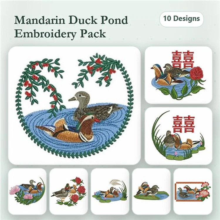 Mandarin Ducks Embroidery Designs Bundle – Duck Pair, Duck in Pond, Duck with Flowers & More (10 Designs)