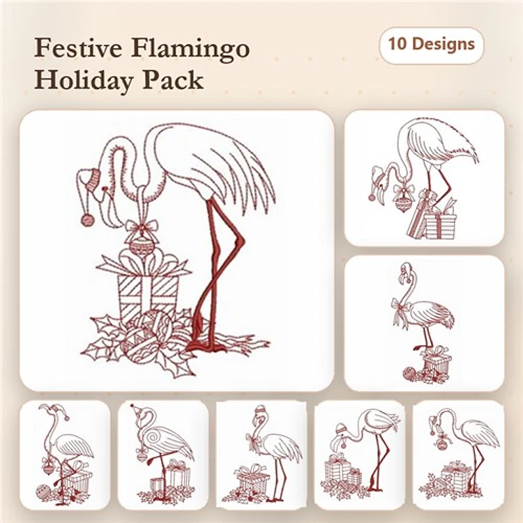 Redwork Festive Flamingo Embroidery Designs Bundle – Flamingo with Presents, Candy Cane, Ornament & More (10 Designs)