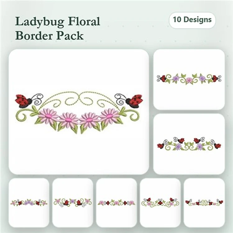 Ladybug & Floral Border Embroidery Bundle – Pink Flowers, Red Flowers, Purple Flowers & More (10 Designs)