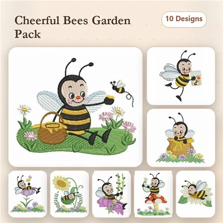 Cheerful Bees Embroidery Designs Bundle – Bee with Basket, Bee with Flower, Bee Collecting Pollen & More (10 Designs)