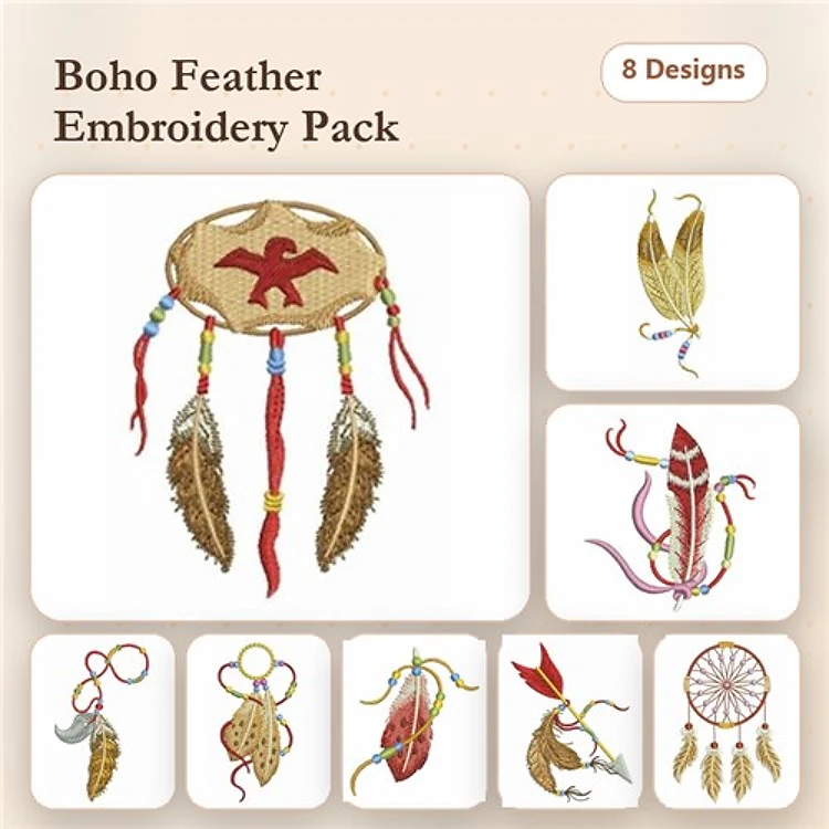 Dreamcatcher & Feather Embroidery Designs Bundle – Dreamcatcher with Red Bird, Beaded Feather, & More (8 Designs)