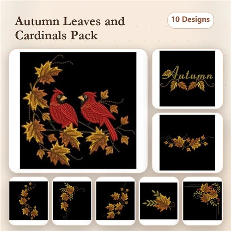 Cardinals & Autumn Leaves Embroidery Designs Bundle – Cardinal Pair, Autumn Text, Leaf Bouquet & More (10 Designs)